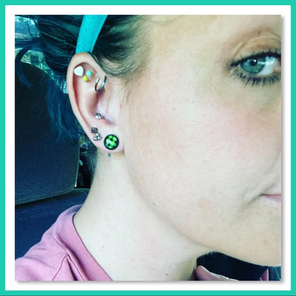 Tiny Neon Green and Black Buffalo Plaid Stud Earrings - small (8mm) - Picture 2 of 7